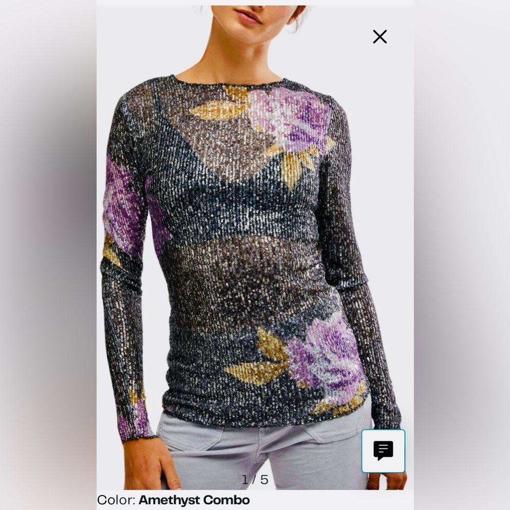 FREE PEOPLE Floral Sequin Long Sleeve  Top- New!